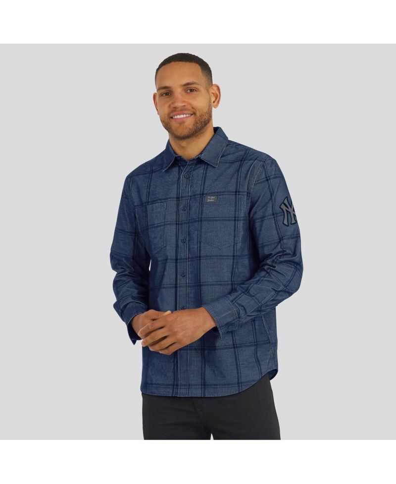 Men's Darius Rucker Collection by Fanatics Navy New York Yankees Thin Wale Corduroy Plaid Button Up Shirt