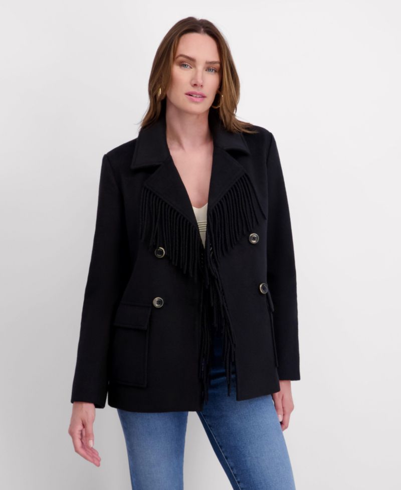 Women's Double Breasted Patch Pocket Wool Jacket with Fringe