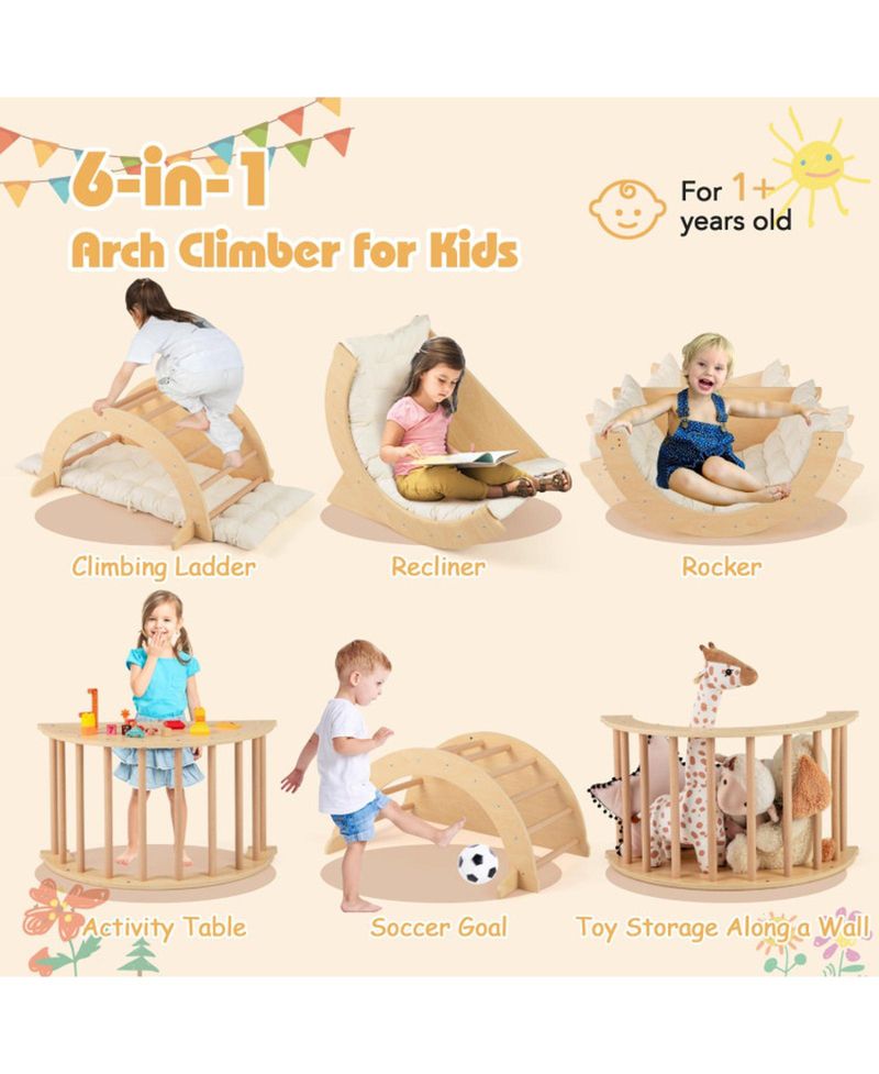 Ages 1+ Montessori Wooden Climbing Arch with Padded Cushion