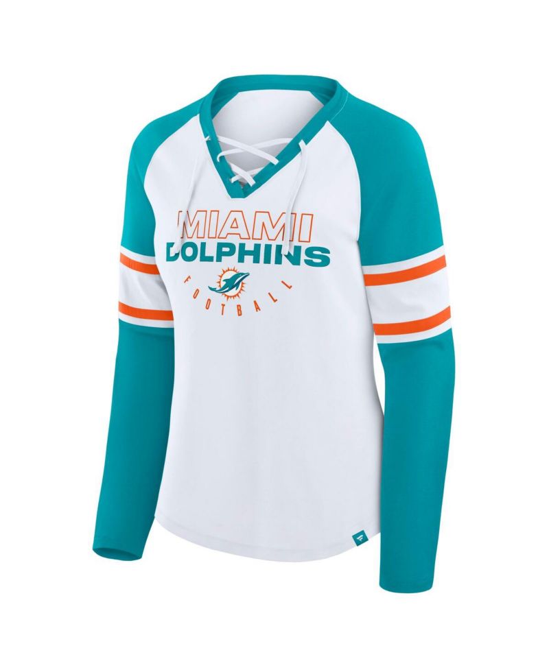Women's White/Aqua Miami Dolphins Redzone Blitz Package Raglan Lace-Up V-Neck Long Sleeve T-Shirt
