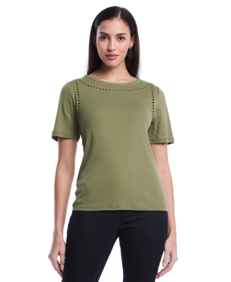 Petite Pom Trim Detail Short-Sleeve Top
