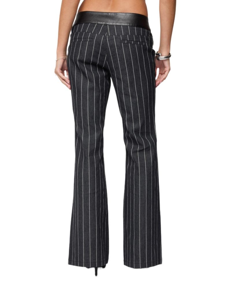 Women's Pinstripe and Faux Leather Low Rise Flared Jeans