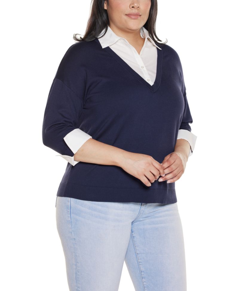 Plus Size Woven-Collar Twofer Sweater