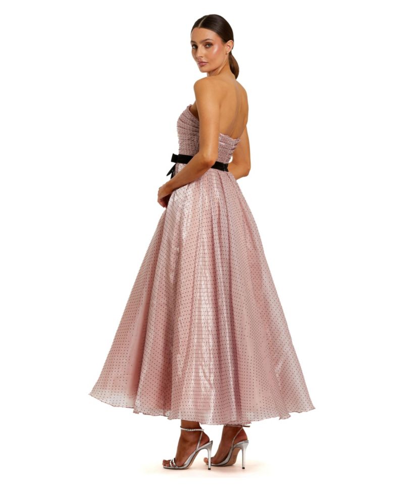 Women's Polka Dot Organza Strapless Dress With Bow