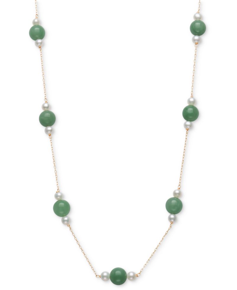 Dyed Green Jade & Cultured Freshwater Pearl (4-5mm) 18" Collar Necklace in 10k Gold