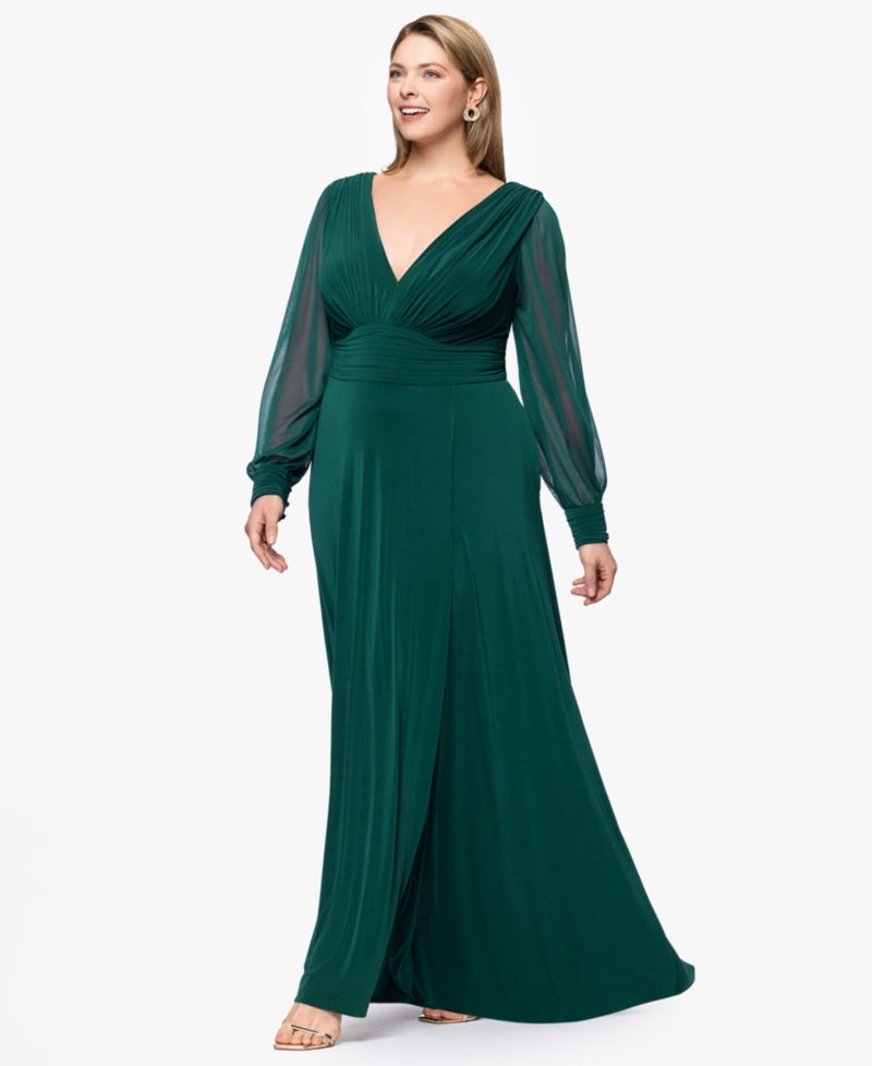 Plus Size Long Sleeve Chiffon V-Neck A-Line Dress