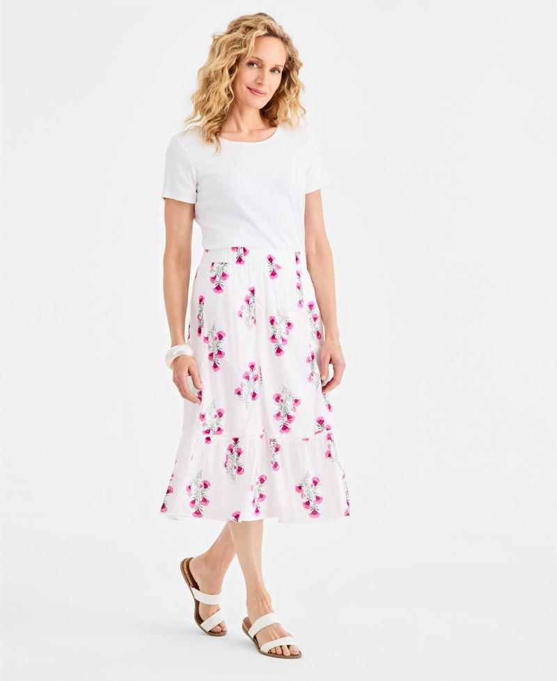 Women's Printed Cotton Pull-On Midi Skirt