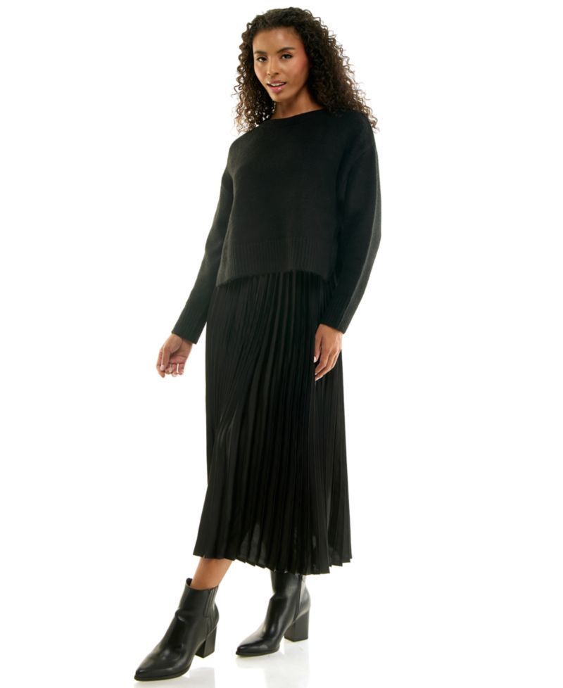 Juniors' Pleated-Satin Midi Crewneck Sweater and Slip Dress, 2-Piece Set