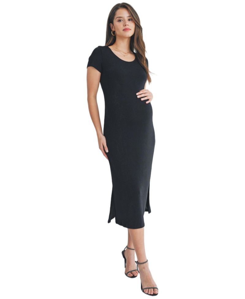 Women's Scoop Neck Short Sleeve Midi Dress with Side Slit
