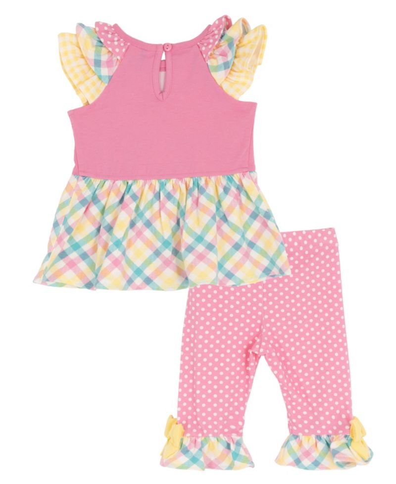 Baby Girls' Bunny Mixed Check Applique Knit Round Neck Top and Polka Dot Leggings, 2-Piece Set