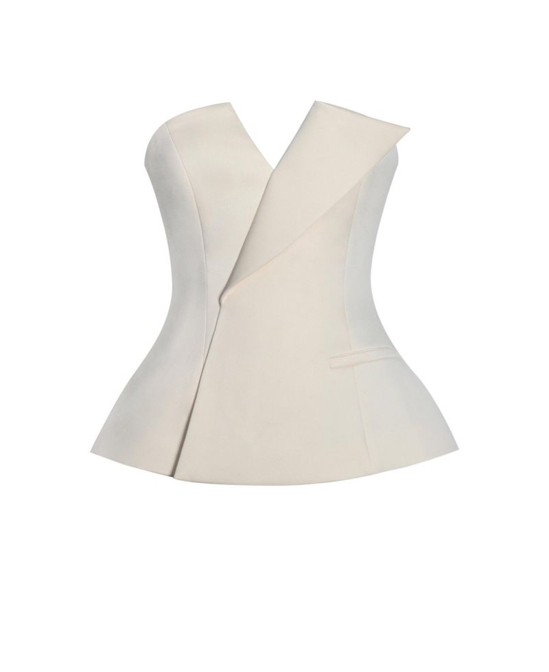 Women Yani Ivory Asymmetrical Lapel Sleeveless Peplum Top