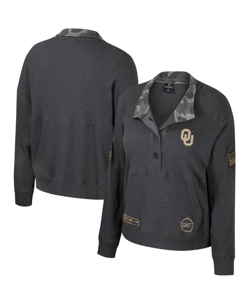 Women's Heather Charcoal Oklahoma Sooners OHT Military-Inspired Appreciation Payback Henley Thermal Sweatshirt