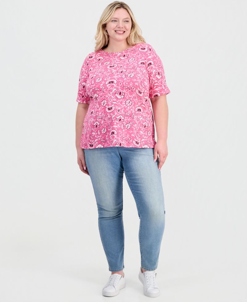 Plus Size Printed Boat-Neck Elbow-Sleeve Top