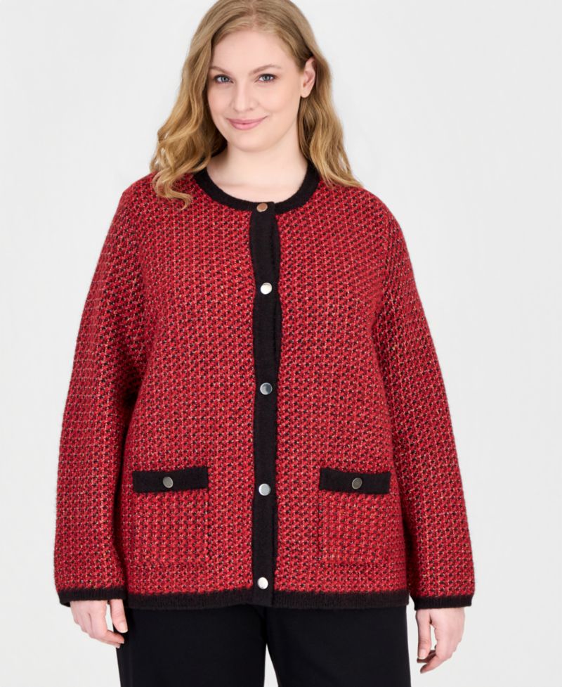 Plus Size Boucl&eacute; Crewneck Cardigan