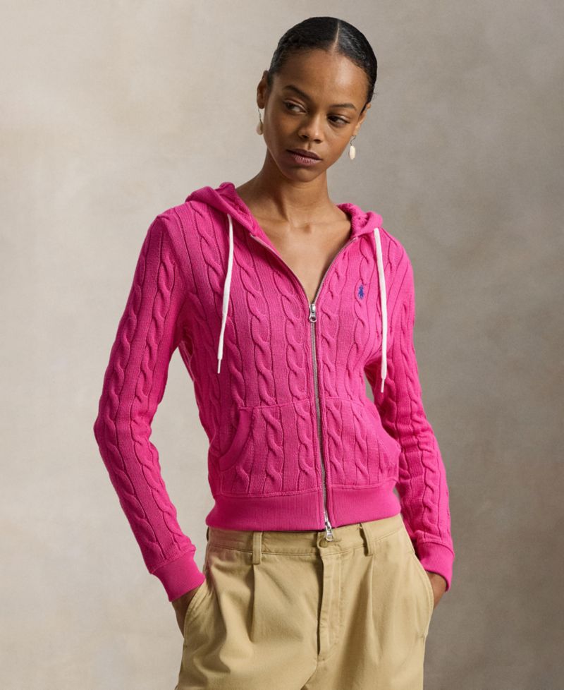 Women's Cable-Knit Cotton Full-Zip Hoodie Sweater