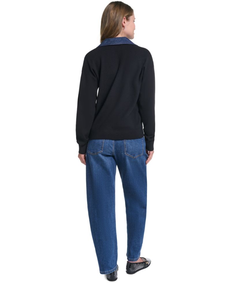 Women's Denim Collar V-Neck Sweater