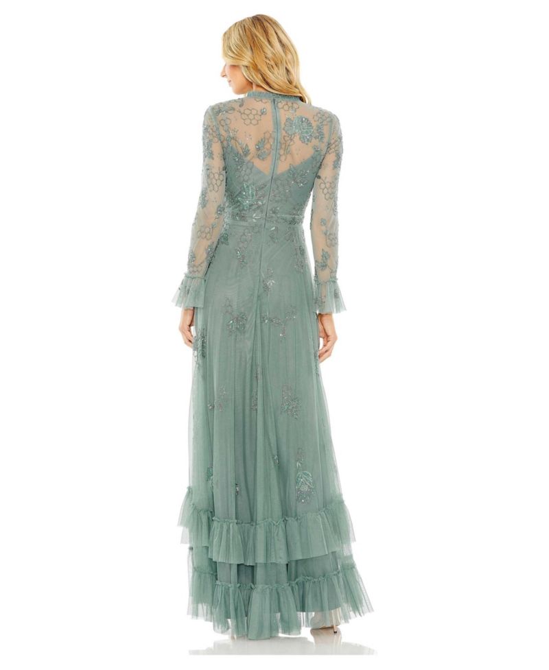 Women's Beaded Embroidered Tulle Long Sleeve Gown