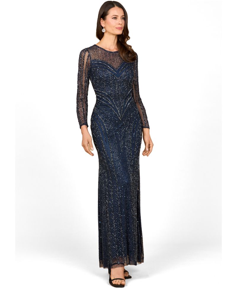 Women's Illusion Neck, Long Sleeve Beaded Gown