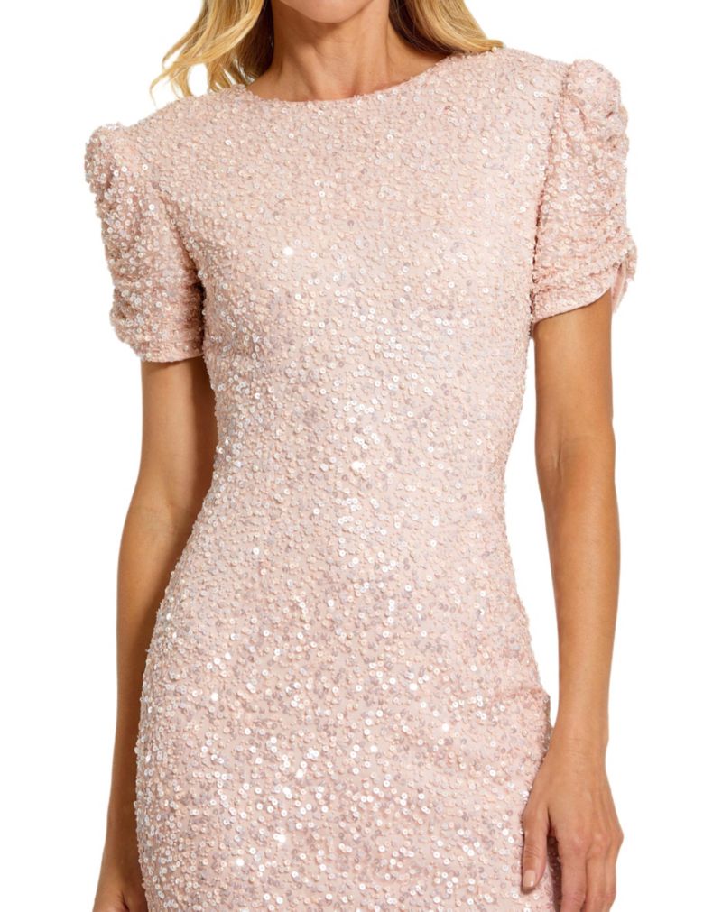 Women's Petite Gathered Short Sleeve Beaded Gown