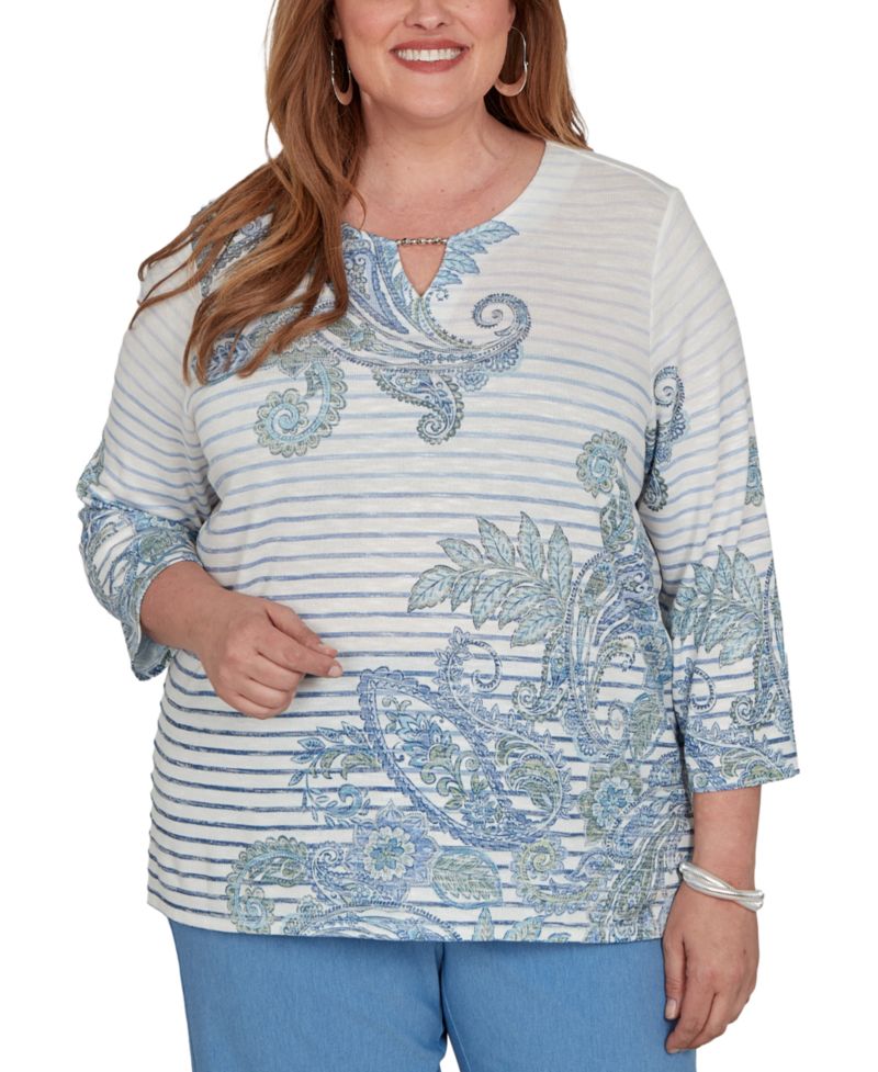 Plus Size Provence Paisley Stripe 3/4-Sleeve Split-Neck Blouse