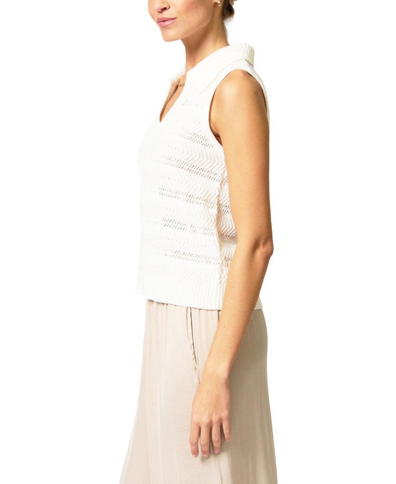 Women's Avery Pointelle Sleeveless Polo Collar V-Neck Sweater Vest