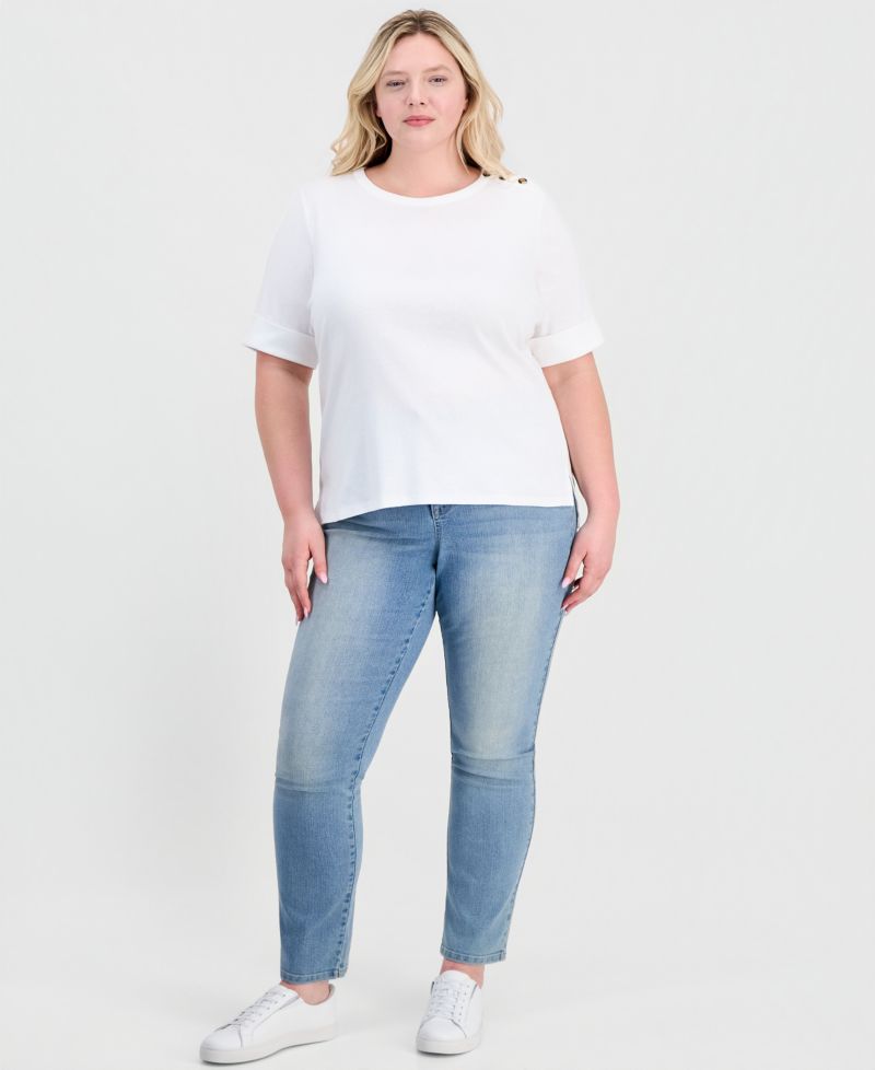 Petite Pima Cotton Boat-Neck Elbow Sleeve Top