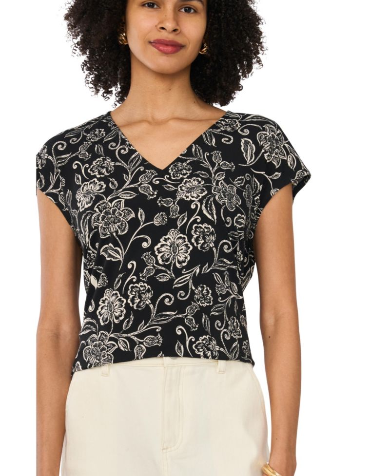 Women's Short-Sleeve Floral-Print V-Neck T-Shirt