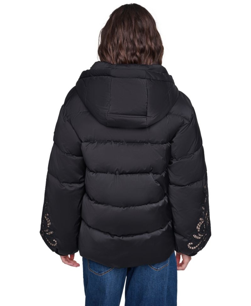 Women's Floral-Embroidered Short Hooded Puffer Jacket