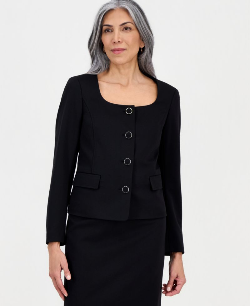 Women's Square-Neck Button-Front Ponte 2 Piece Skirt Suit