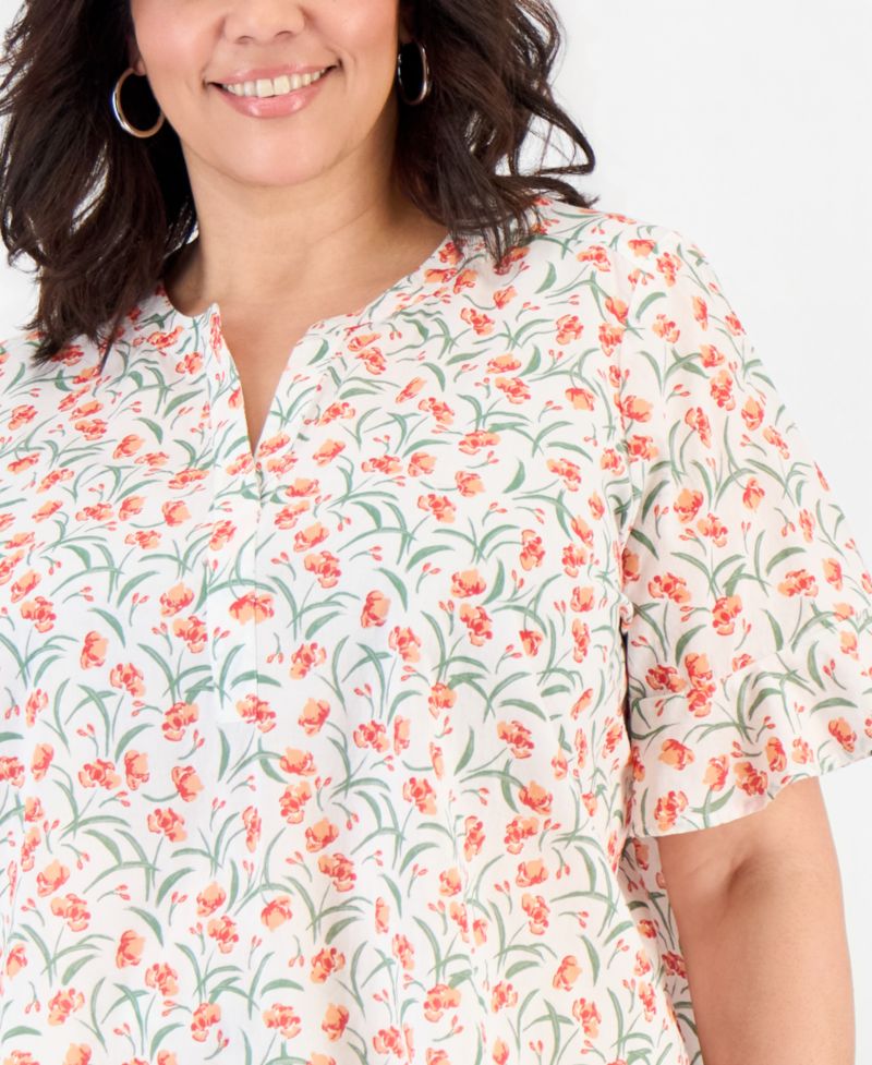 Petite Printed Cotton Split-Neck Popover Top