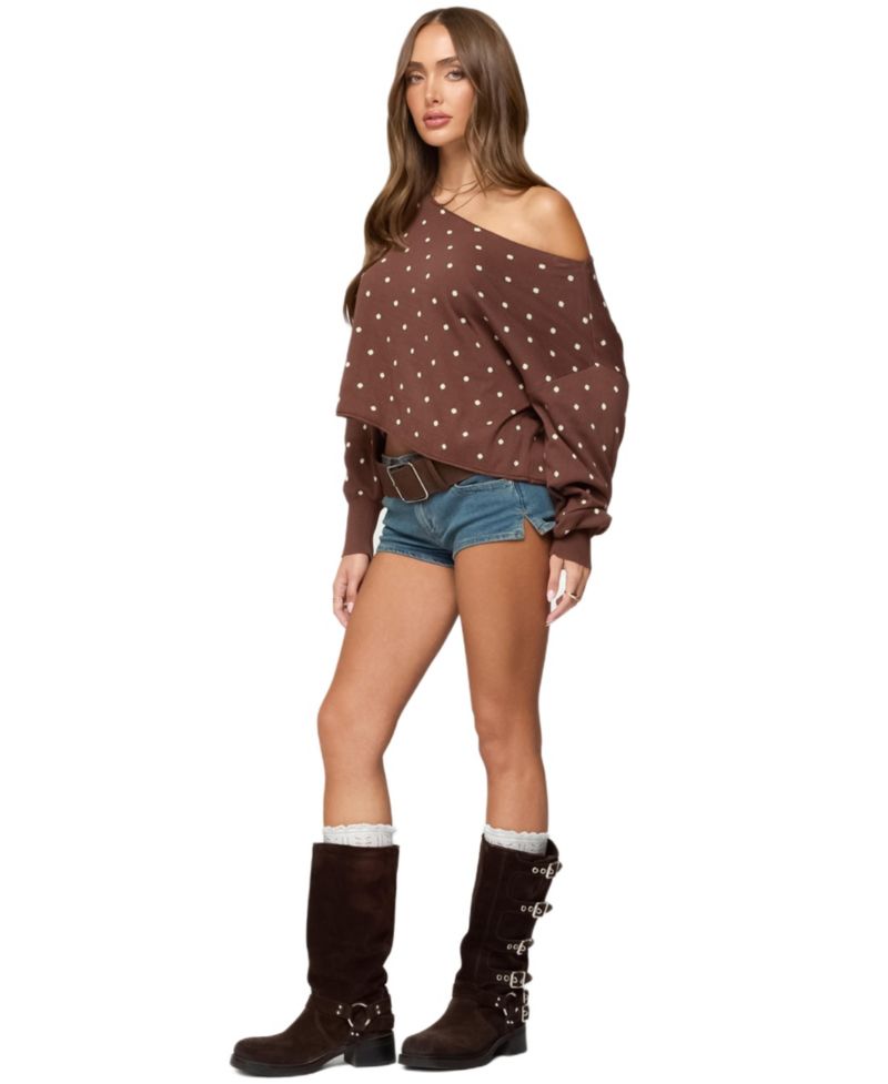 Women's Oversized Off Shoulder Polka Dot Sweater
