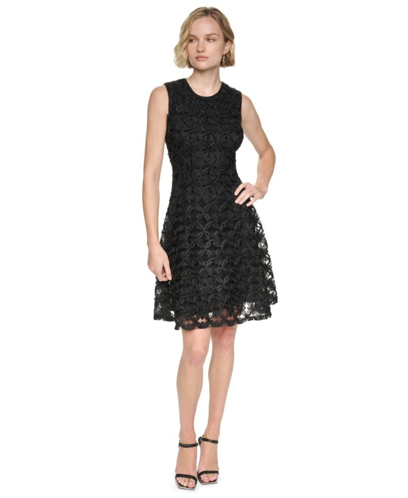Women's Sleeveless Jewel Neck Lace Fit & Flare Cocktail Dress