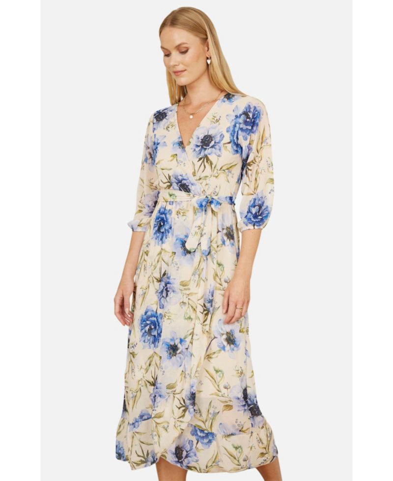 Women's 3/4 Sleeve V-Neck Wrap Midi Dress