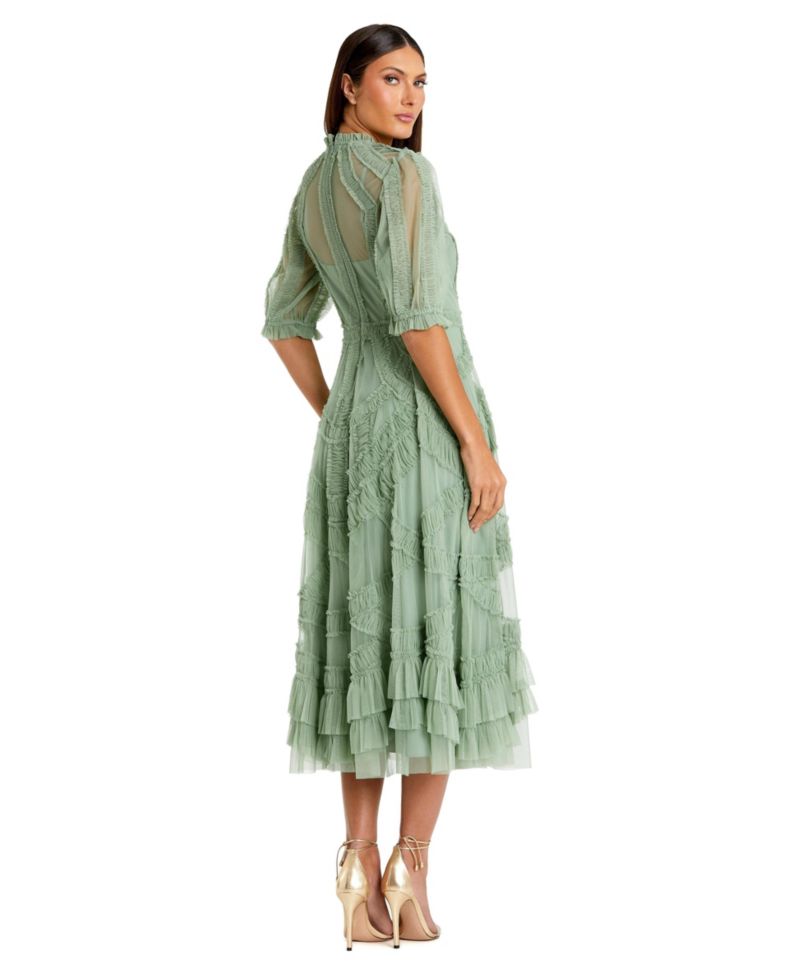 Petite High Neck Puff Sleeve Ruffle Tiered Dress