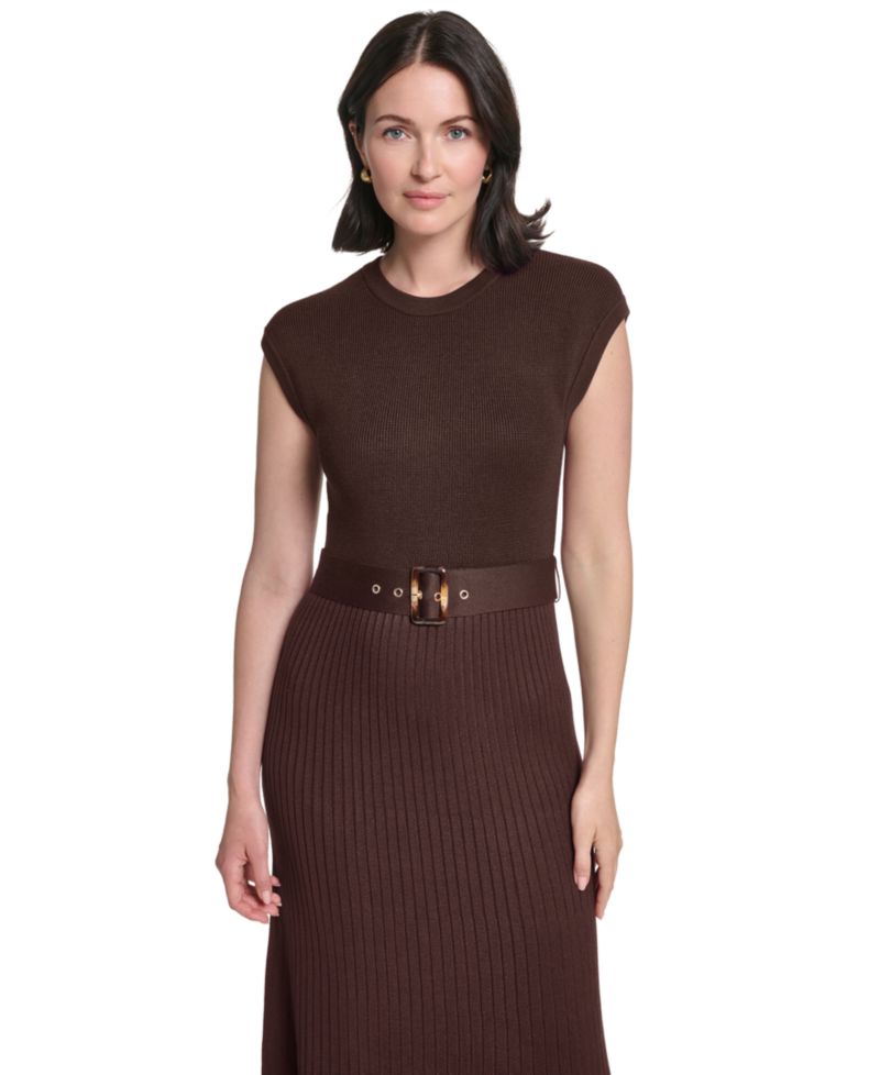 Petite Belted Midi Ribbed Dress