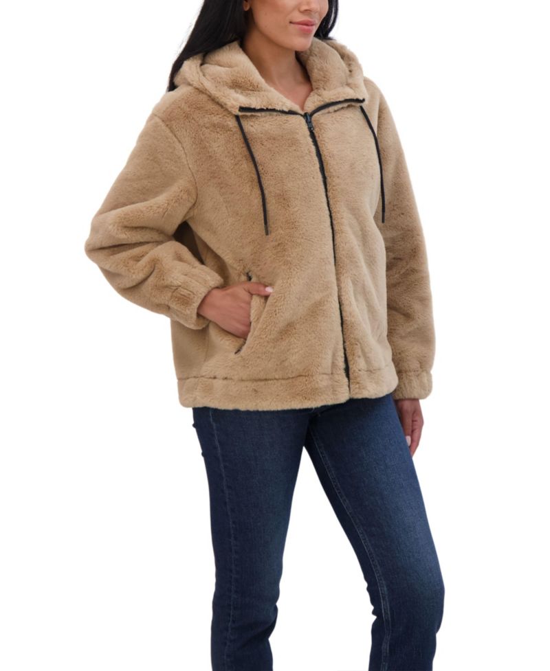 Women's Juniors' Reversible Faux Fur Hooded Bomber