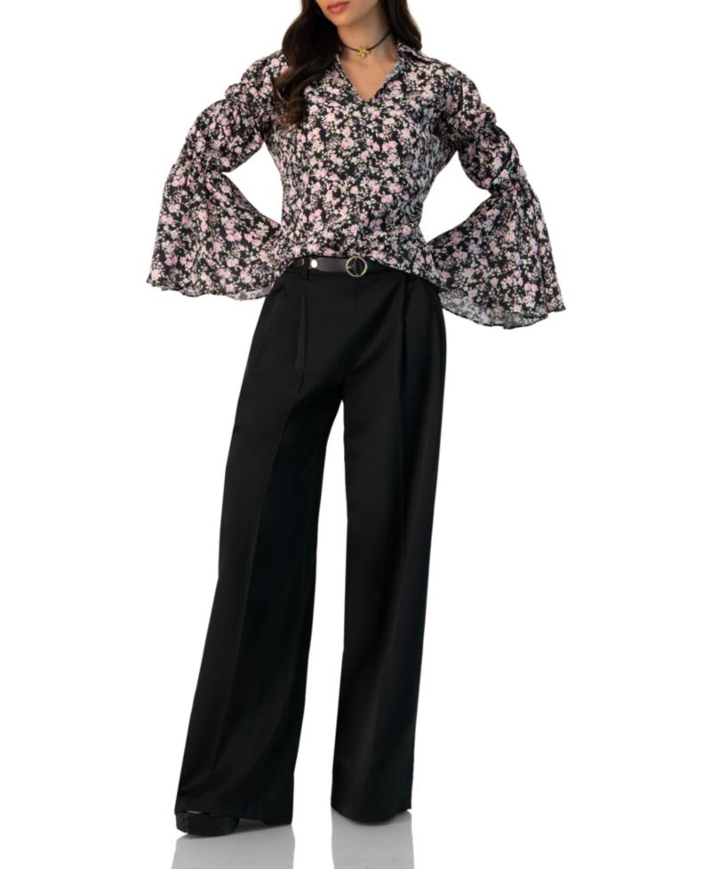Women's Collared Long Sleeve Floral Print Blouse