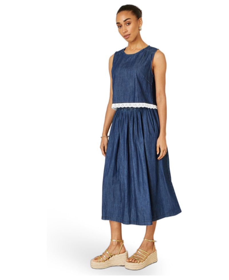 Women's Cotton Chambray Lace Trim Top
