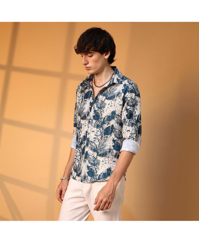 Men's Ivory White & Indigo Blue Foliage-Waffle Shirt