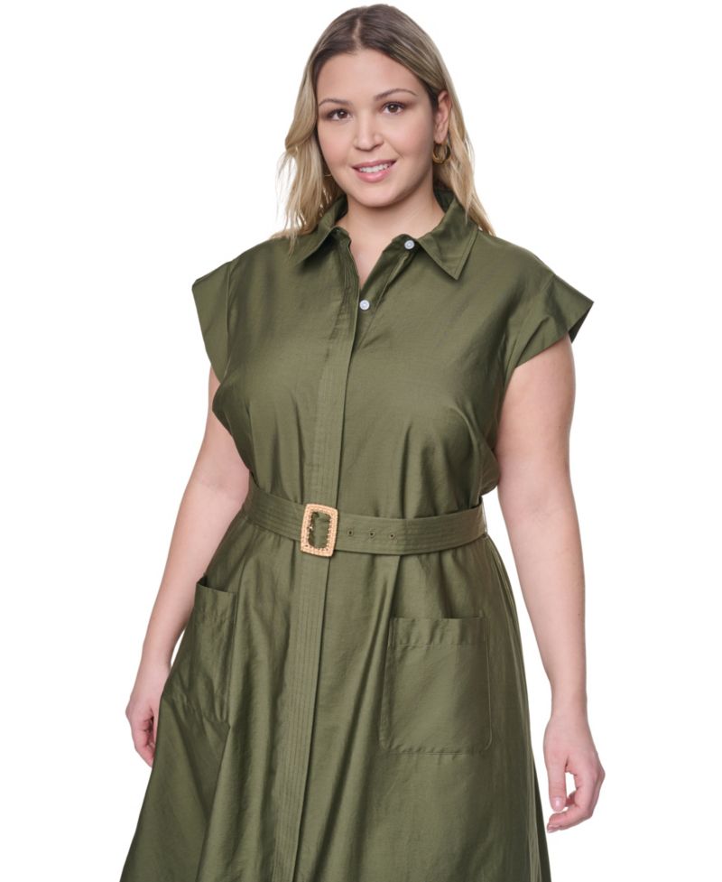Plus Size Trapunto Stitch Short-Sleeve Belted Midi Shirt-Dress