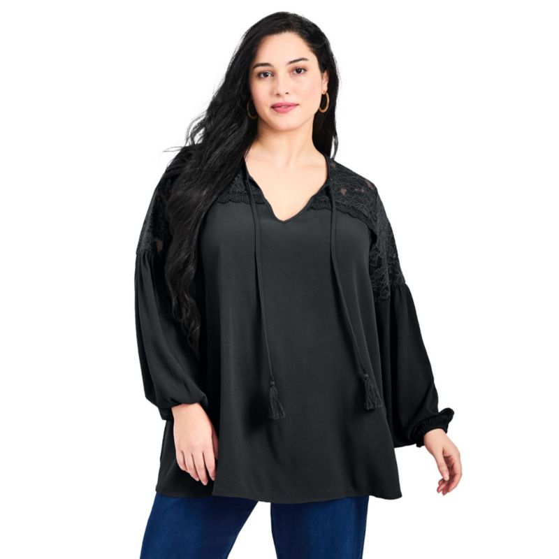 Women's Plus Size Marcie Lace Yoke Long Sleeve Top