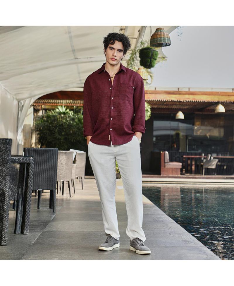 Men's Wine Red Modular Solid Oversized Shirt