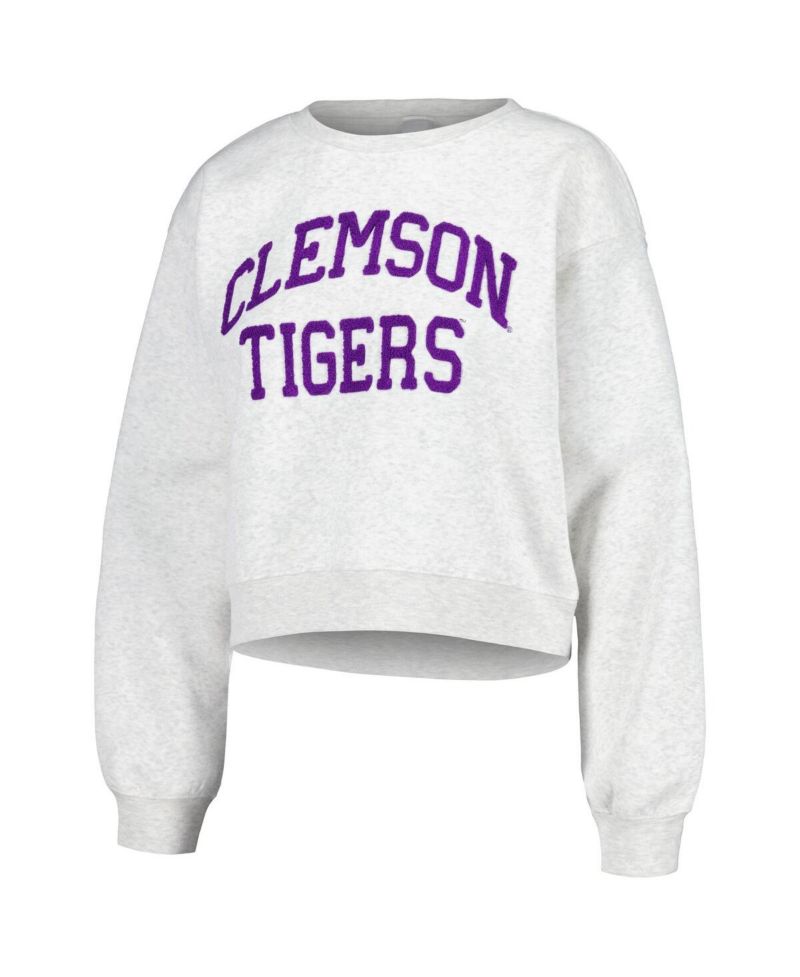 Women's Oatmeal Clemson Tigers Core Chenille Cropped Pullover Sweatshirt
