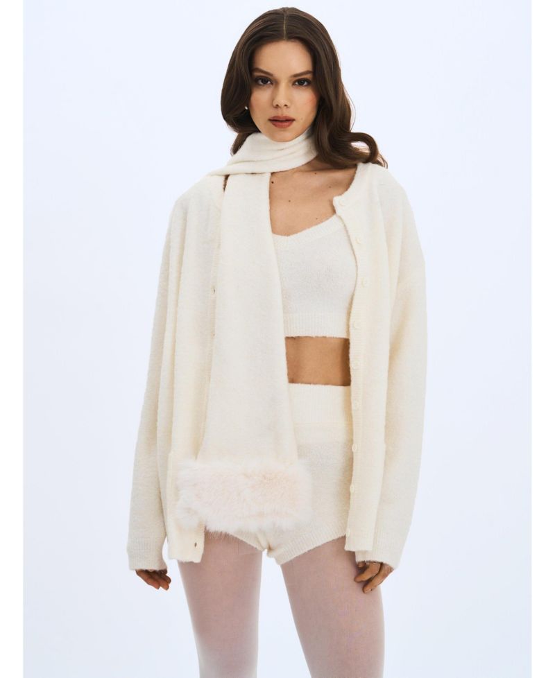 Women Selma White Wool-Blend Ribbed Knit Scarf