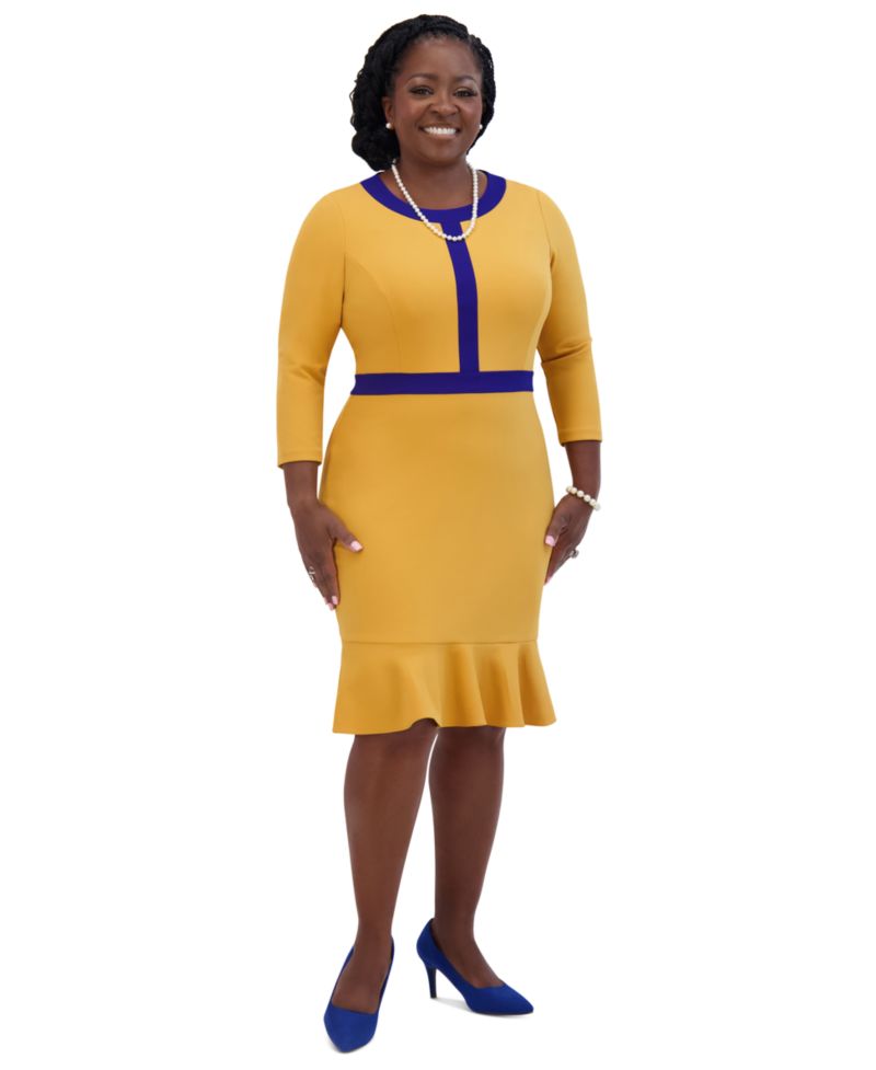 Women's Ruffled-Hem 3/4-Sleeve Contrast-Trim Dress