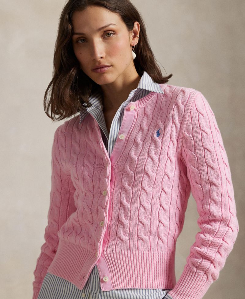 Women's Cable-Knit Cotton Crewneck Cardigan Sweater