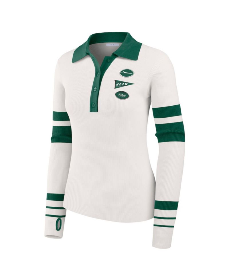 Women's White New York Jets Ribbed Henley Polo Sweater