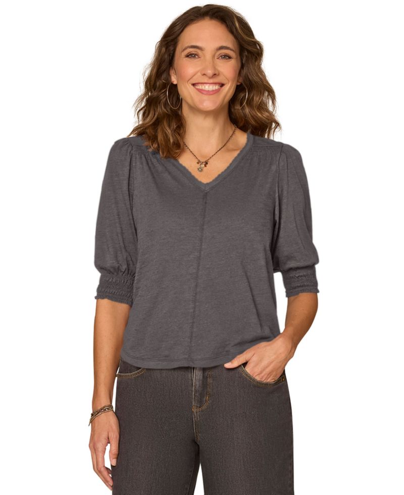 Petite Elbow-Length Blouson Scalloped V-Neck Blouse