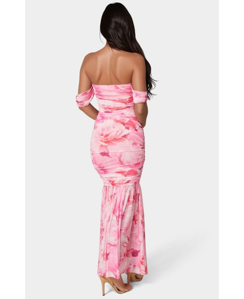 Women's Off Shoulder Ruched Mesh Gown