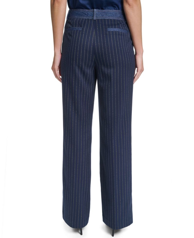 Petite Striped Straight-Leg Denim Waistband Pants